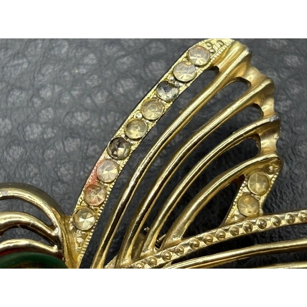 VTG Gold Tone Hummingbird Bird Brooch Green Moon glow Cabochon Clear Rhinestones